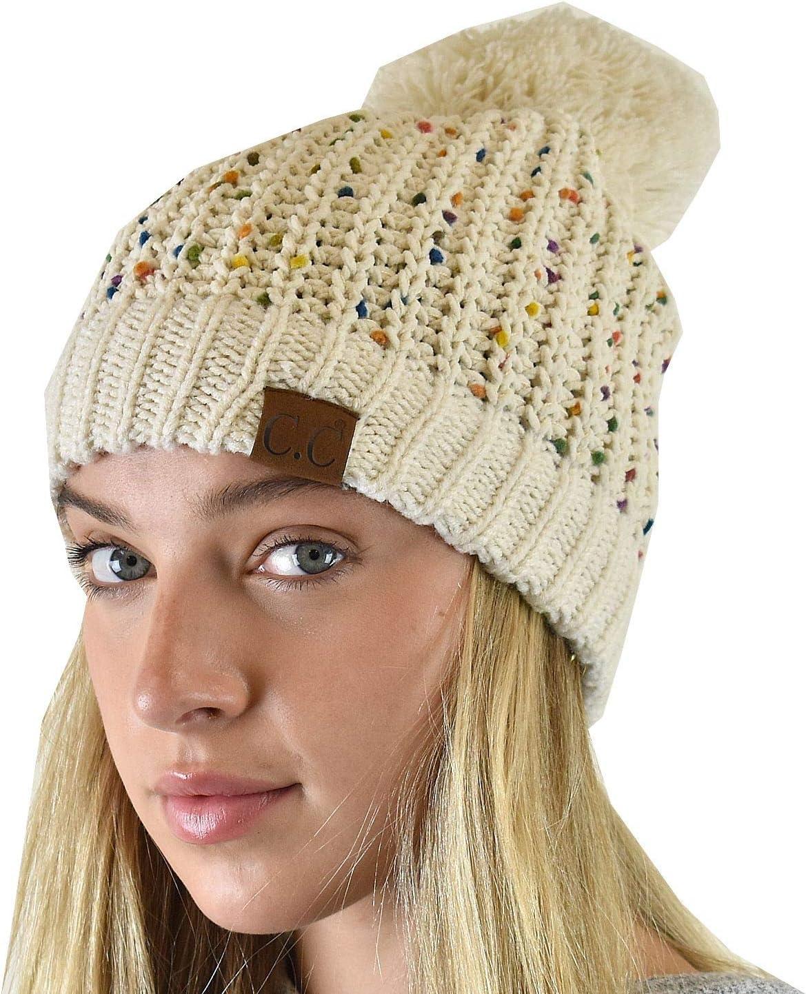 imageCC Soft Winter Warm Confetti Knit Chenille Pom Beanie HatOatmeal