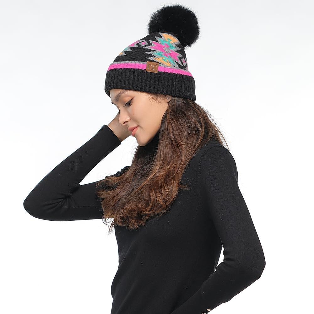 imageCC Southwest Pattern Pom Beanie for WomenAztecblack Multi