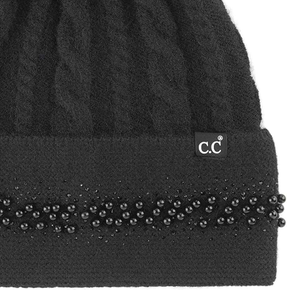 imageCC Star Stud Fur Pom Beanie for Women  Recycled Yarn Stretchable Soft Warm Knit Winter Skully Hat with Faux Fur PomPearlblack