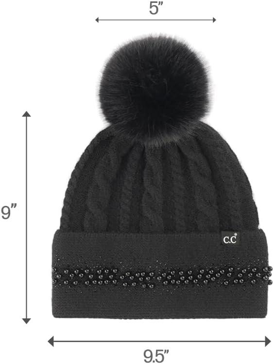imageCC Star Stud Fur Pom Beanie for Women  Recycled Yarn Stretchable Soft Warm Knit Winter Skully Hat with Faux Fur PomPearlblack