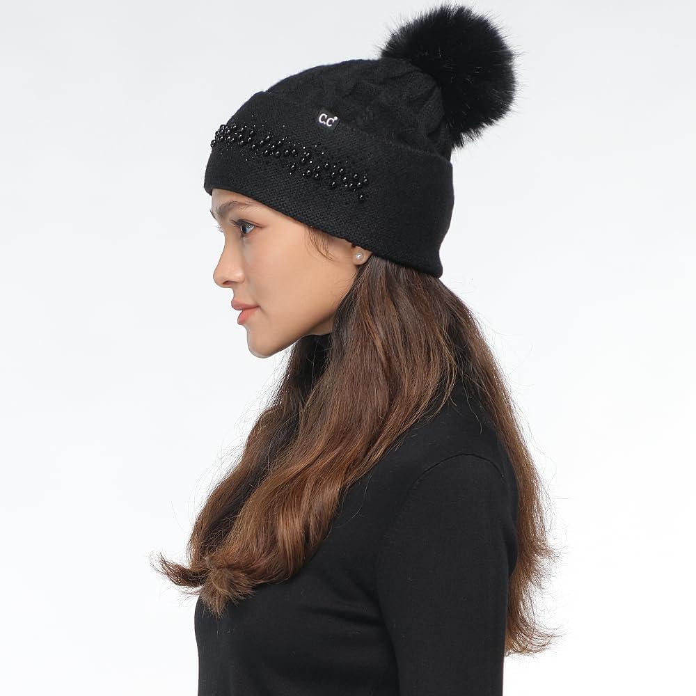 imageCC Star Stud Fur Pom Beanie for Women  Recycled Yarn Stretchable Soft Warm Knit Winter Skully Hat with Faux Fur PomPearlblack