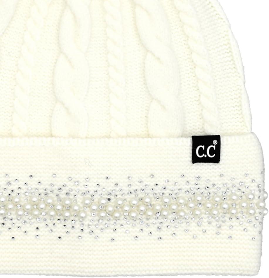 imageCC Star Stud Fur Pom Beanie for Women  Recycled Yarn Stretchable Soft Warm Knit Winter Skully Hat with Faux Fur PomPearlivory