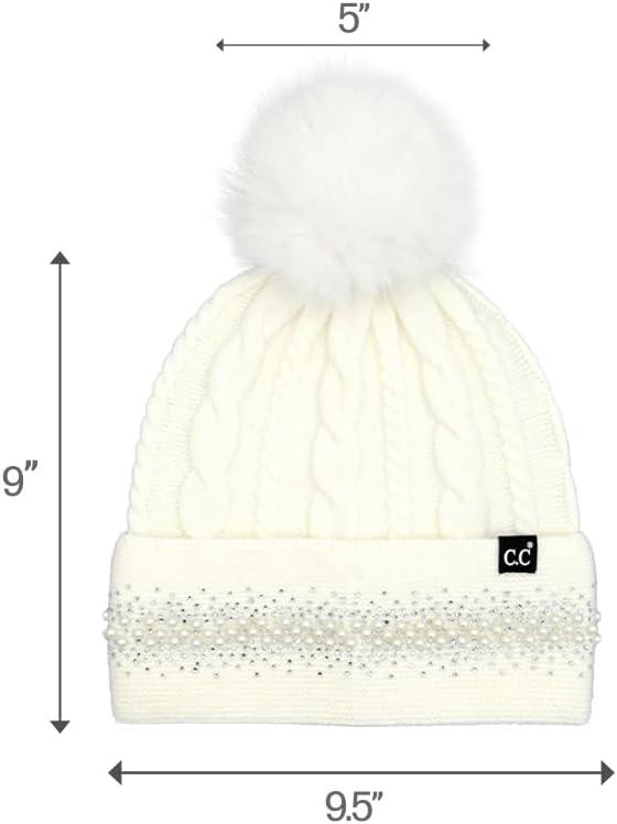 imageCC Star Stud Fur Pom Beanie for Women  Recycled Yarn Stretchable Soft Warm Knit Winter Skully Hat with Faux Fur PomPearlivory