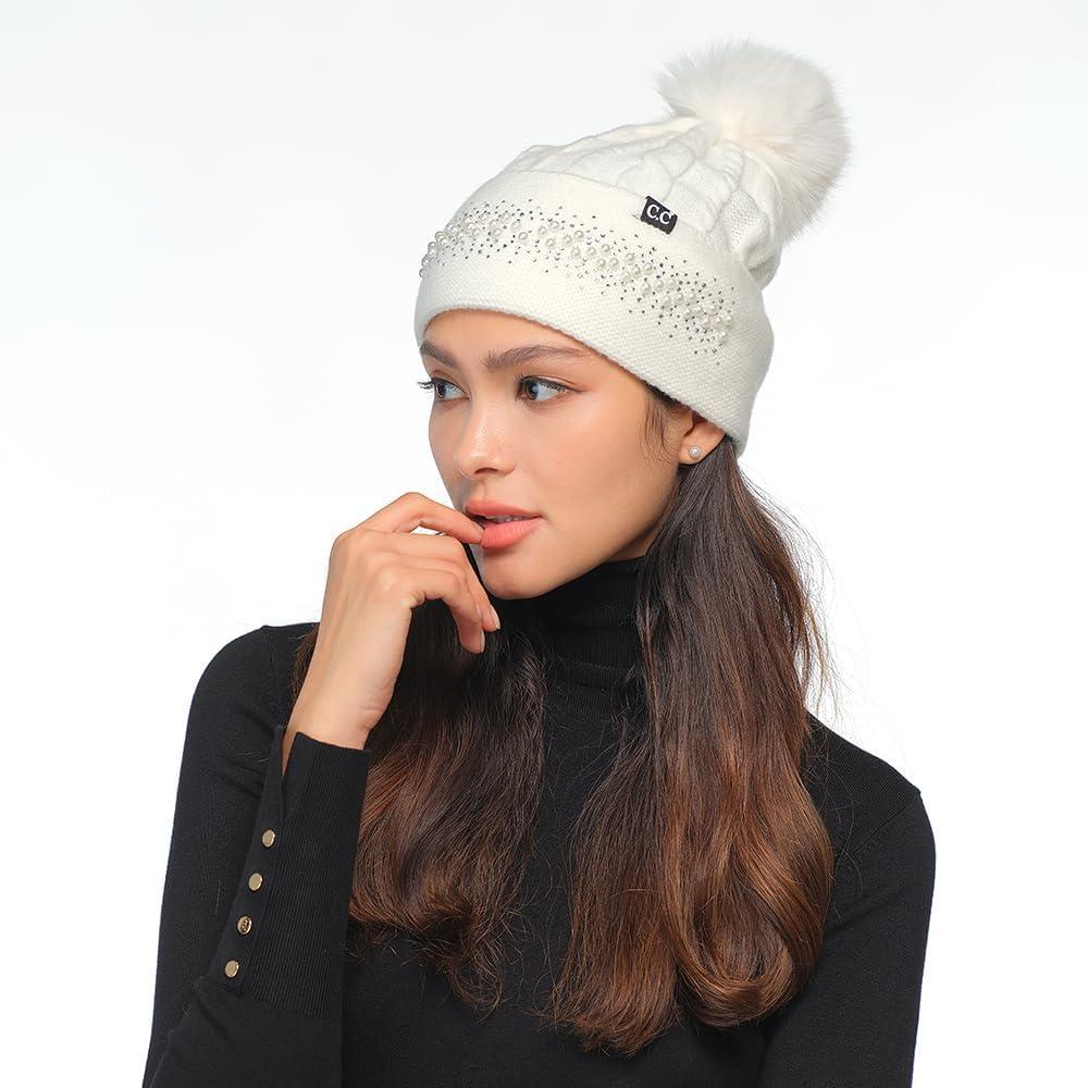 imageCC Star Stud Fur Pom Beanie for Women  Recycled Yarn Stretchable Soft Warm Knit Winter Skully Hat with Faux Fur PomPearlivory