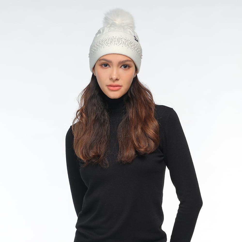 imageCC Star Stud Fur Pom Beanie for Women  Recycled Yarn Stretchable Soft Warm Knit Winter Skully Hat with Faux Fur PomPearlivory