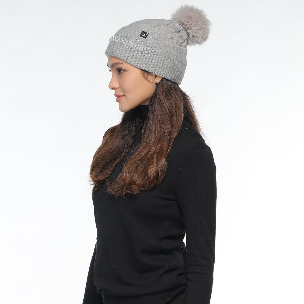 imageCC Star Stud Fur Pom Beanie for Women  Recycled Yarn Stretchable Soft Warm Knit Winter Skully Hat with Faux Fur PomPearlltgrey