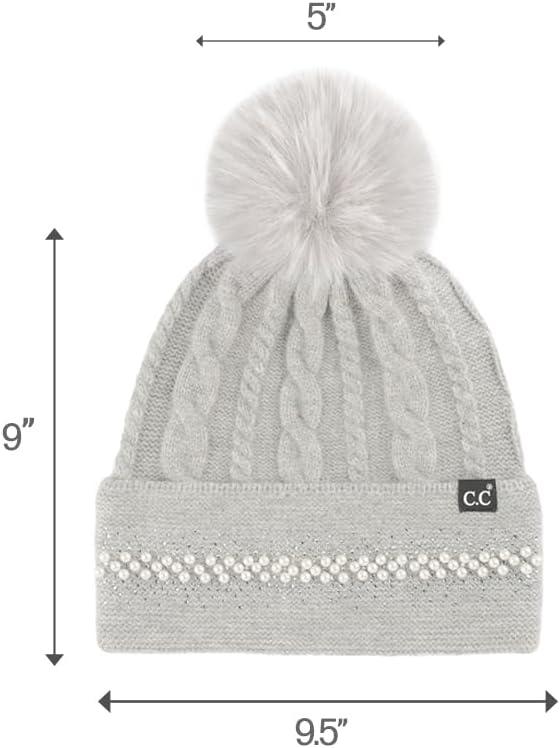 imageCC Star Stud Fur Pom Beanie for Women  Recycled Yarn Stretchable Soft Warm Knit Winter Skully Hat with Faux Fur PomPearlltgrey
