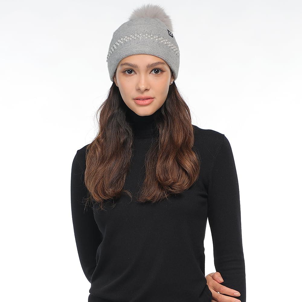 imageCC Star Stud Fur Pom Beanie for Women  Recycled Yarn Stretchable Soft Warm Knit Winter Skully Hat with Faux Fur PomPearlltgrey