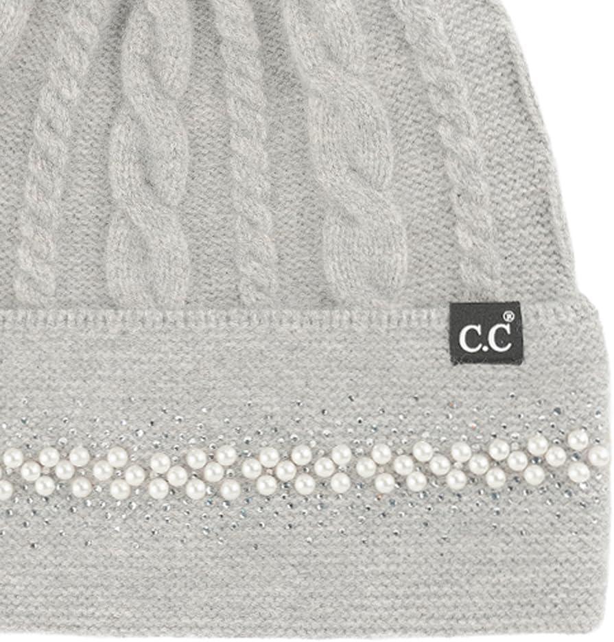 imageCC Star Stud Fur Pom Beanie for Women  Recycled Yarn Stretchable Soft Warm Knit Winter Skully Hat with Faux Fur PomPearlltgrey
