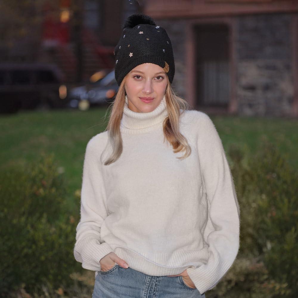 imageCC Star Stud Fur Pom Beanie for Women  Recycled Yarn Stretchable Soft Warm Knit Winter Skully Hat with Faux Fur PomStar Studblack