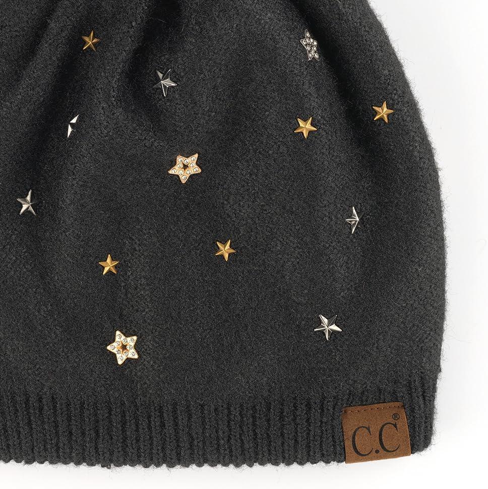 imageCC Star Stud Fur Pom Beanie for Women  Recycled Yarn Stretchable Soft Warm Knit Winter Skully Hat with Faux Fur PomStar Studblack