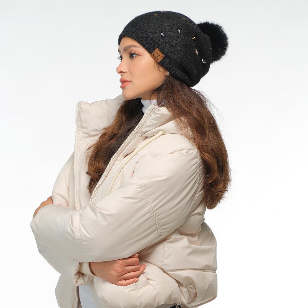 imageCC Star Stud Fur Pom Beanie for Women  Recycled Yarn Stretchable Soft Warm Knit Winter Skully Hat with Faux Fur PomStar Studblack