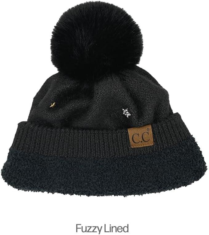 imageCC Star Stud Fur Pom Beanie for Women  Recycled Yarn Stretchable Soft Warm Knit Winter Skully Hat with Faux Fur PomStar Studblack