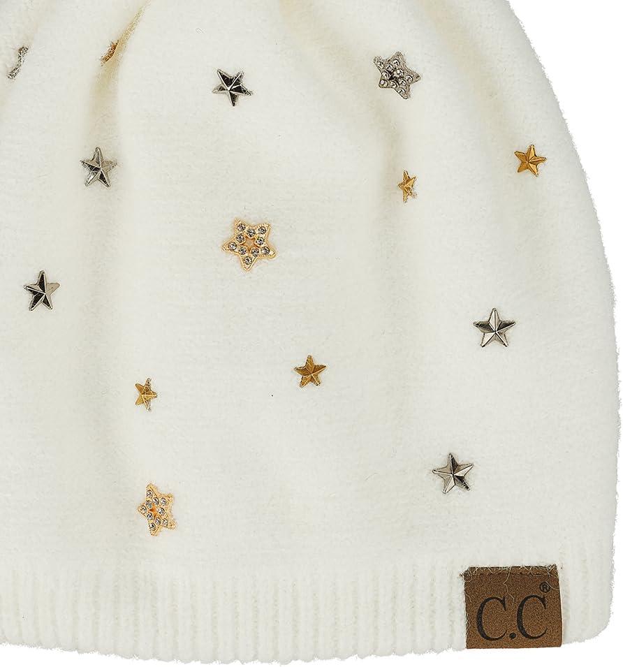 imageCC Star Stud Fur Pom Beanie for Women  Recycled Yarn Stretchable Soft Warm Knit Winter Skully Hat with Faux Fur PomStar Studivory