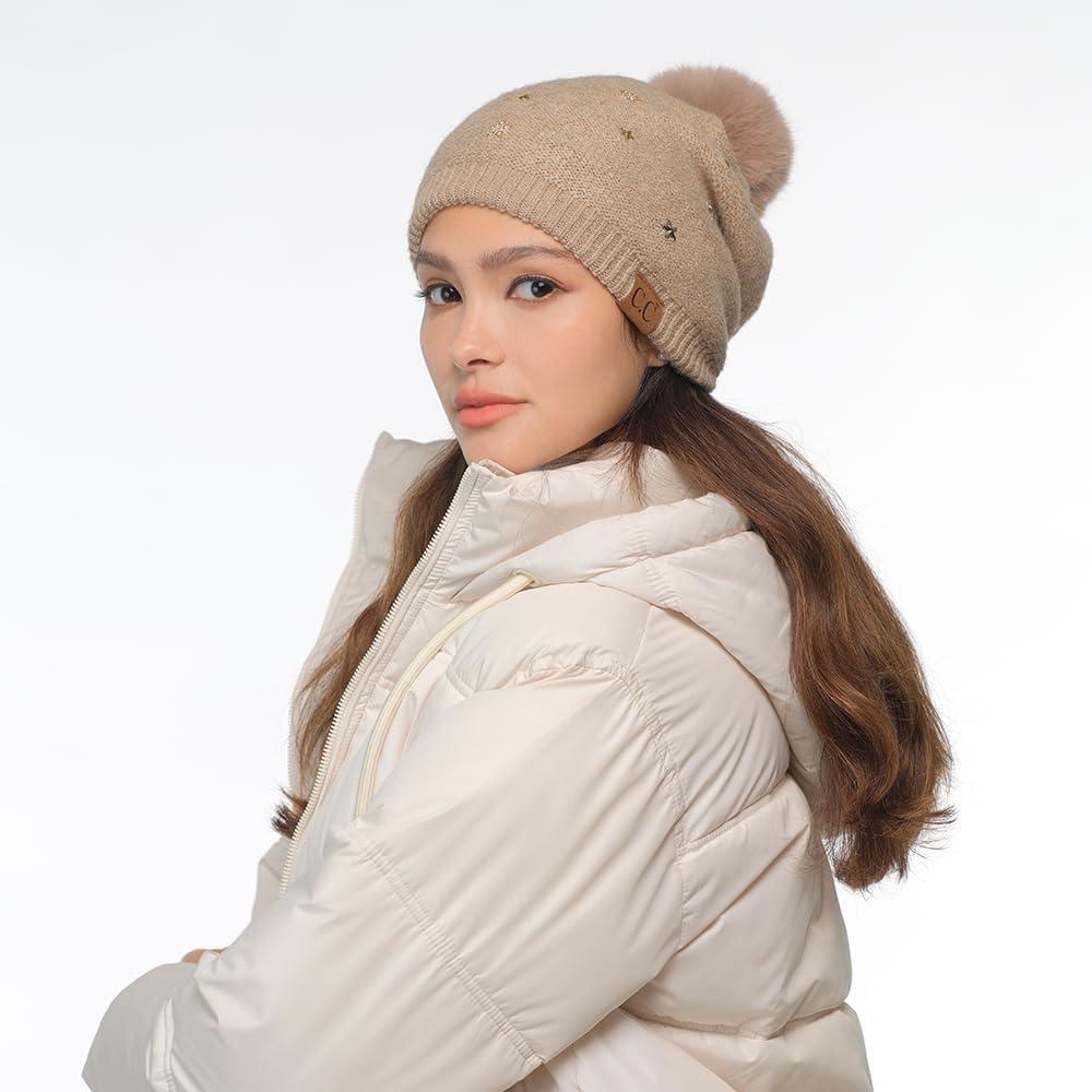 imageCC Star Stud Fur Pom Beanie for Women  Recycled Yarn Stretchable Soft Warm Knit Winter Skully Hat with Faux Fur PomStar Studtaupe