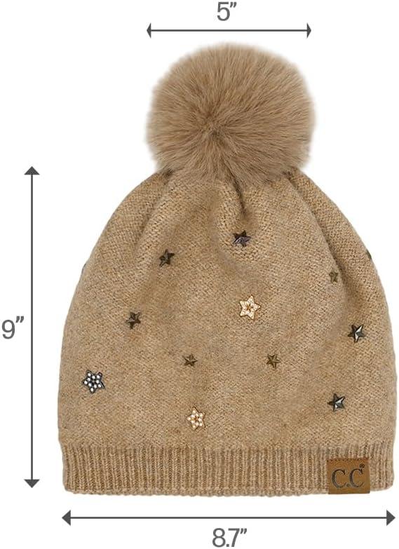 imageCC Star Stud Fur Pom Beanie for Women  Recycled Yarn Stretchable Soft Warm Knit Winter Skully Hat with Faux Fur PomStar Studtaupe
