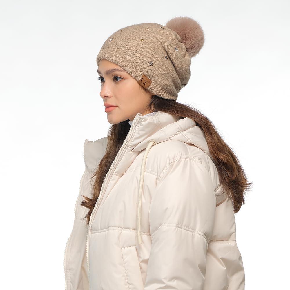 imageCC Star Stud Fur Pom Beanie for Women  Recycled Yarn Stretchable Soft Warm Knit Winter Skully Hat with Faux Fur PomStar Studtaupe