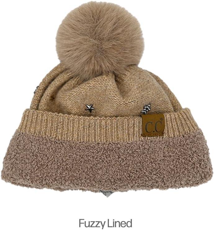 imageCC Star Stud Fur Pom Beanie for Women  Recycled Yarn Stretchable Soft Warm Knit Winter Skully Hat with Faux Fur PomStar Studtaupe