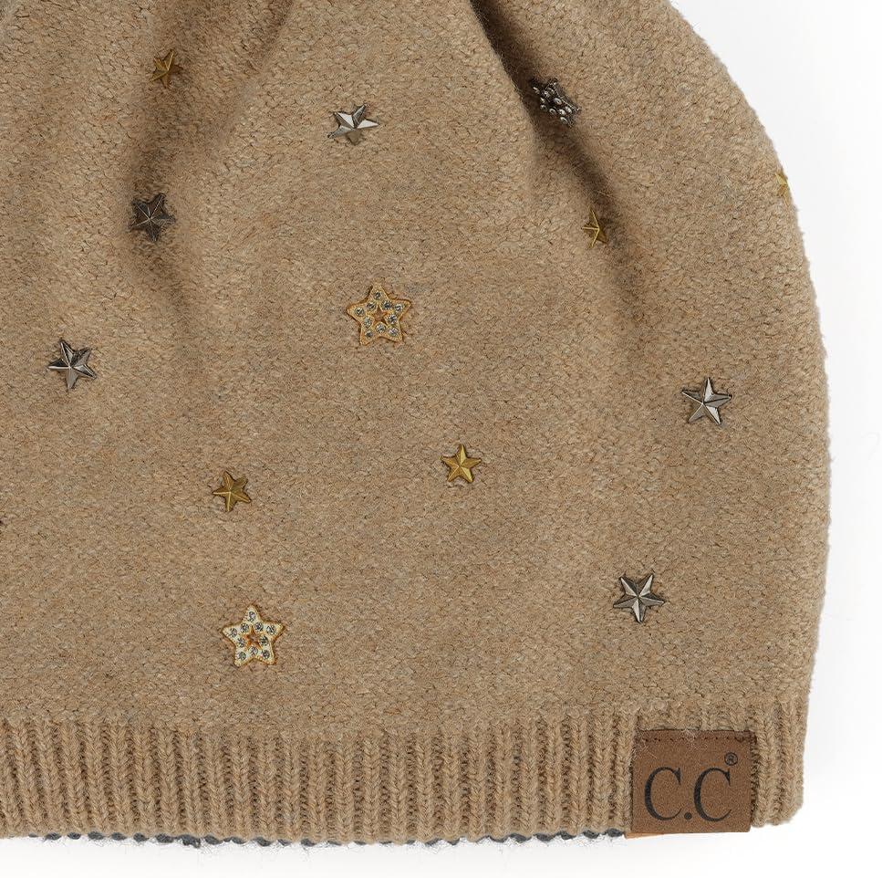 imageCC Star Stud Fur Pom Beanie for Women  Recycled Yarn Stretchable Soft Warm Knit Winter Skully Hat with Faux Fur PomStar Studtaupe
