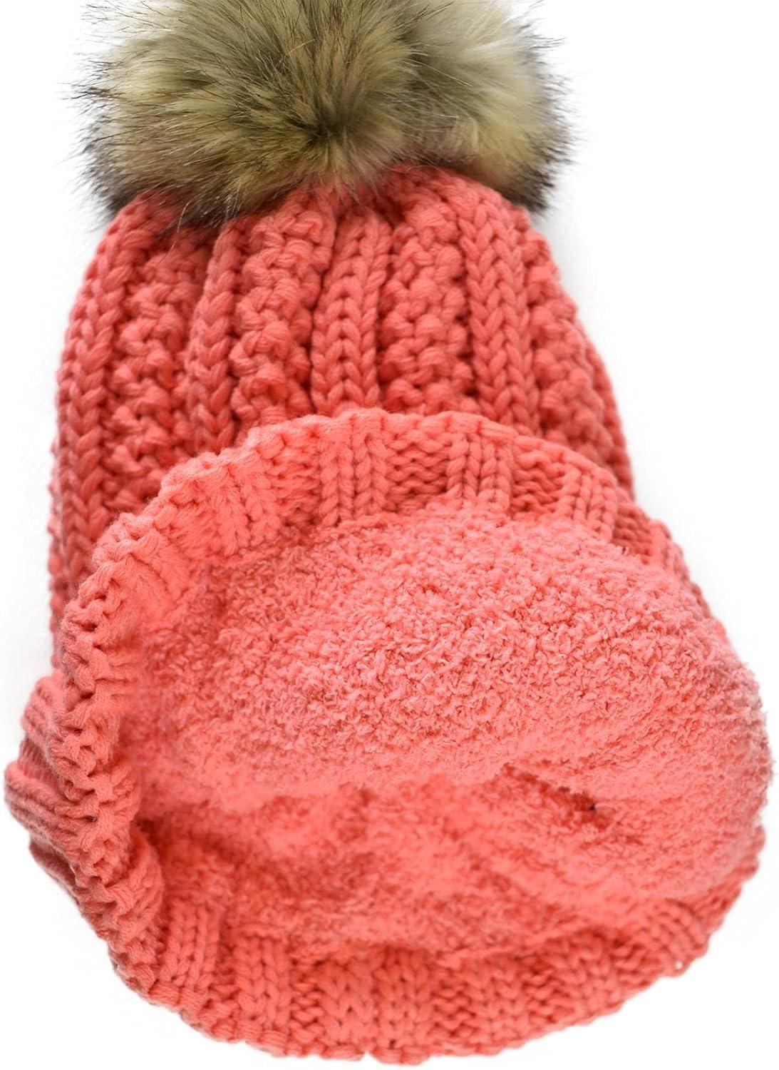 imageCC Thick Cable Knit Faux Fuzzy Fur Pom Fleece Lined Skull Cap Cuff Beanie Coral