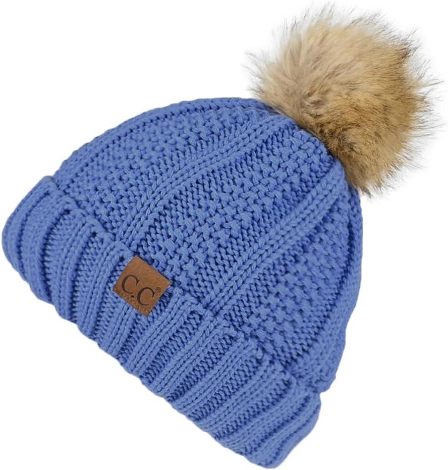 imageCC Thick Cable Knit Faux Fuzzy Fur Pom Fleece Lined Skull Cap Cuff BeanieIris Blue