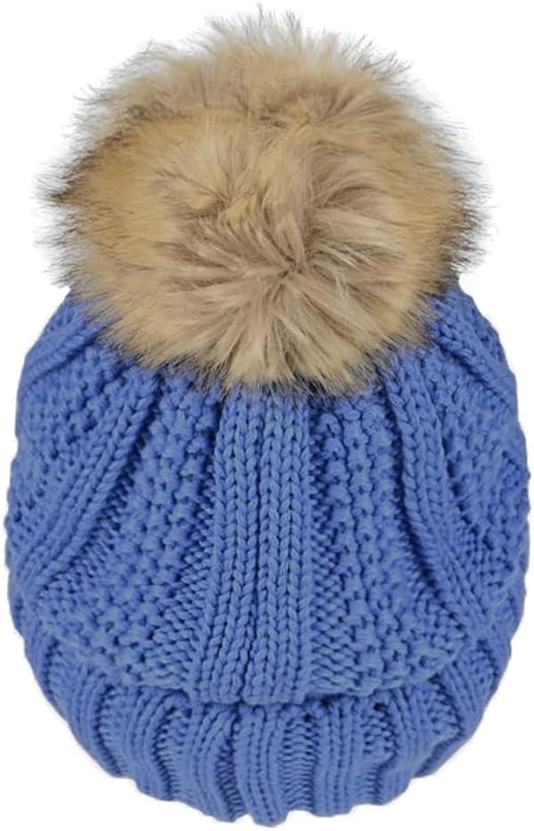 imageCC Thick Cable Knit Faux Fuzzy Fur Pom Fleece Lined Skull Cap Cuff BeanieIris Blue