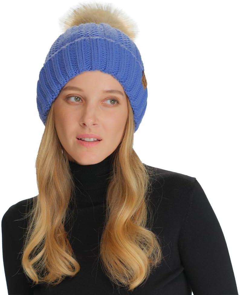 imageCC Thick Cable Knit Faux Fuzzy Fur Pom Fleece Lined Skull Cap Cuff BeanieIris Blue