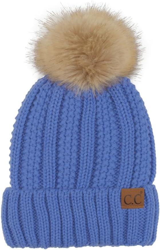 imageCC Thick Cable Knit Faux Fuzzy Fur Pom Fleece Lined Skull Cap Cuff BeanieIris Blue