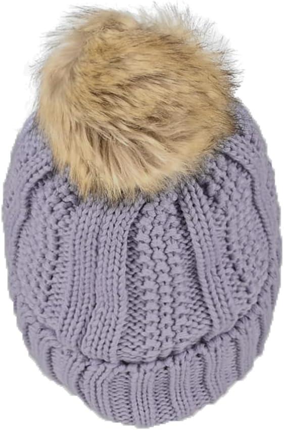imageCC Thick Cable Knit Faux Fuzzy Fur Pom Fleece Lined Skull Cap Cuff BeaniePale Lavender