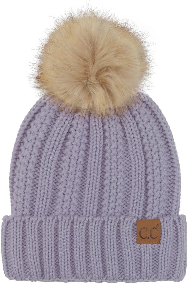 imageCC Thick Cable Knit Faux Fuzzy Fur Pom Fleece Lined Skull Cap Cuff BeaniePale Lavender