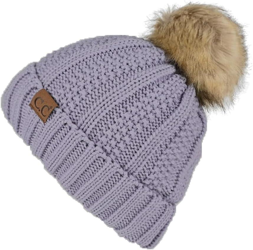 imageCC Thick Cable Knit Faux Fuzzy Fur Pom Fleece Lined Skull Cap Cuff BeaniePale Lavender
