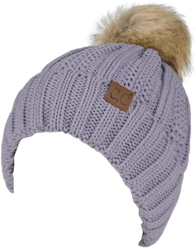 imageCC Thick Cable Knit Faux Fuzzy Fur Pom Fleece Lined Skull Cap Cuff BeaniePale Lavender