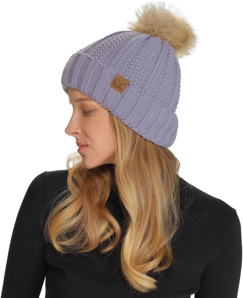 imageCC Thick Cable Knit Faux Fuzzy Fur Pom Fleece Lined Skull Cap Cuff BeaniePale Lavender