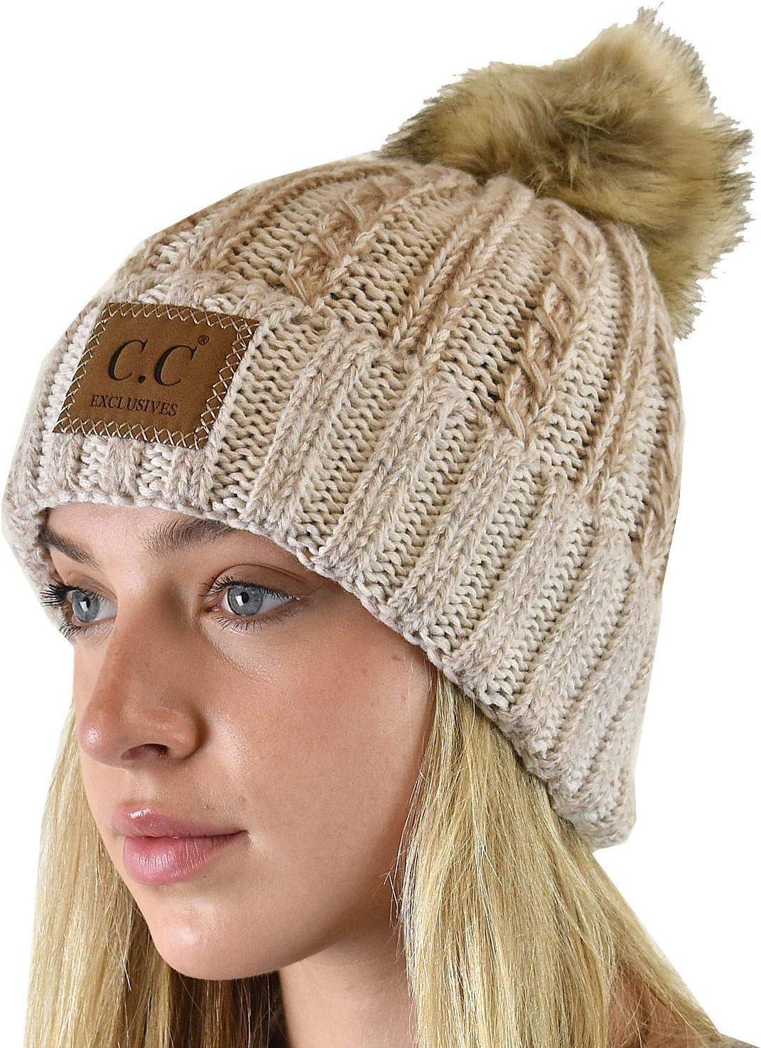 imageCC Thick Cable Knit Faux Fuzzy Fur Pom Skull Cap Cuff BeanieCenter Patch Beige