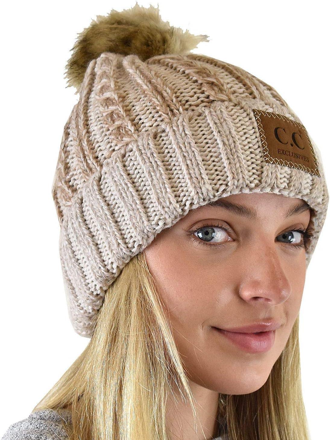 imageCC Thick Cable Knit Faux Fuzzy Fur Pom Skull Cap Cuff BeanieCenter Patch Beige