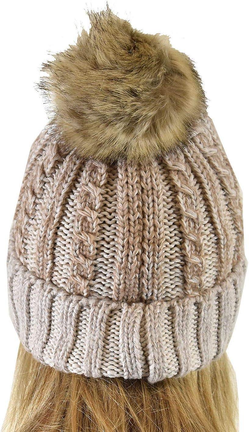 imageCC Thick Cable Knit Faux Fuzzy Fur Pom Skull Cap Cuff BeanieCenter Patch Beige