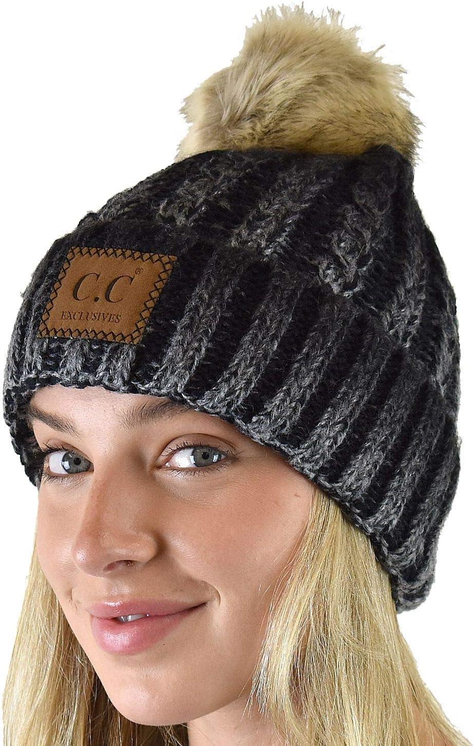 imageCC Thick Cable Knit Faux Fuzzy Fur Pom Skull Cap Cuff BeanieCenter Patch Black