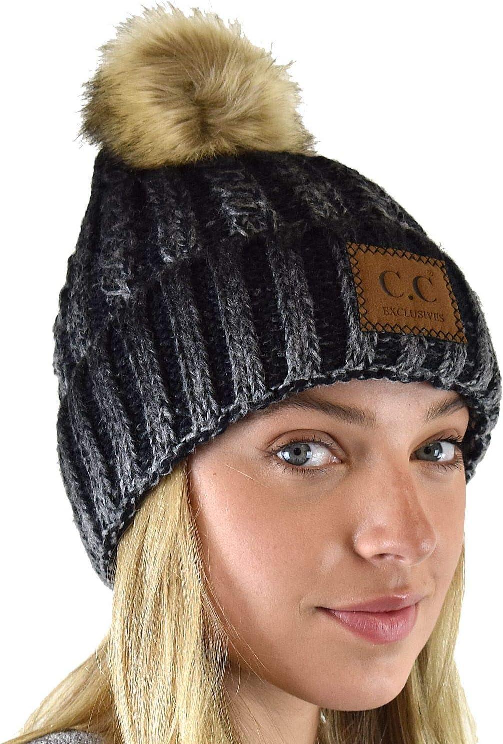 imageCC Thick Cable Knit Faux Fuzzy Fur Pom Skull Cap Cuff BeanieCenter Patch Black