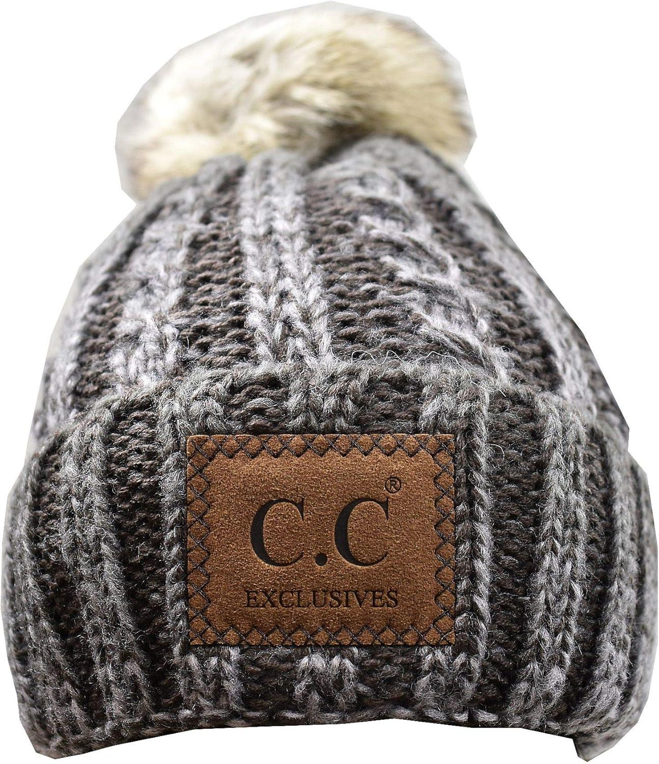 imageCC Thick Cable Knit Faux Fuzzy Fur Pom Skull Cap Cuff BeanieCenter Patch Brown