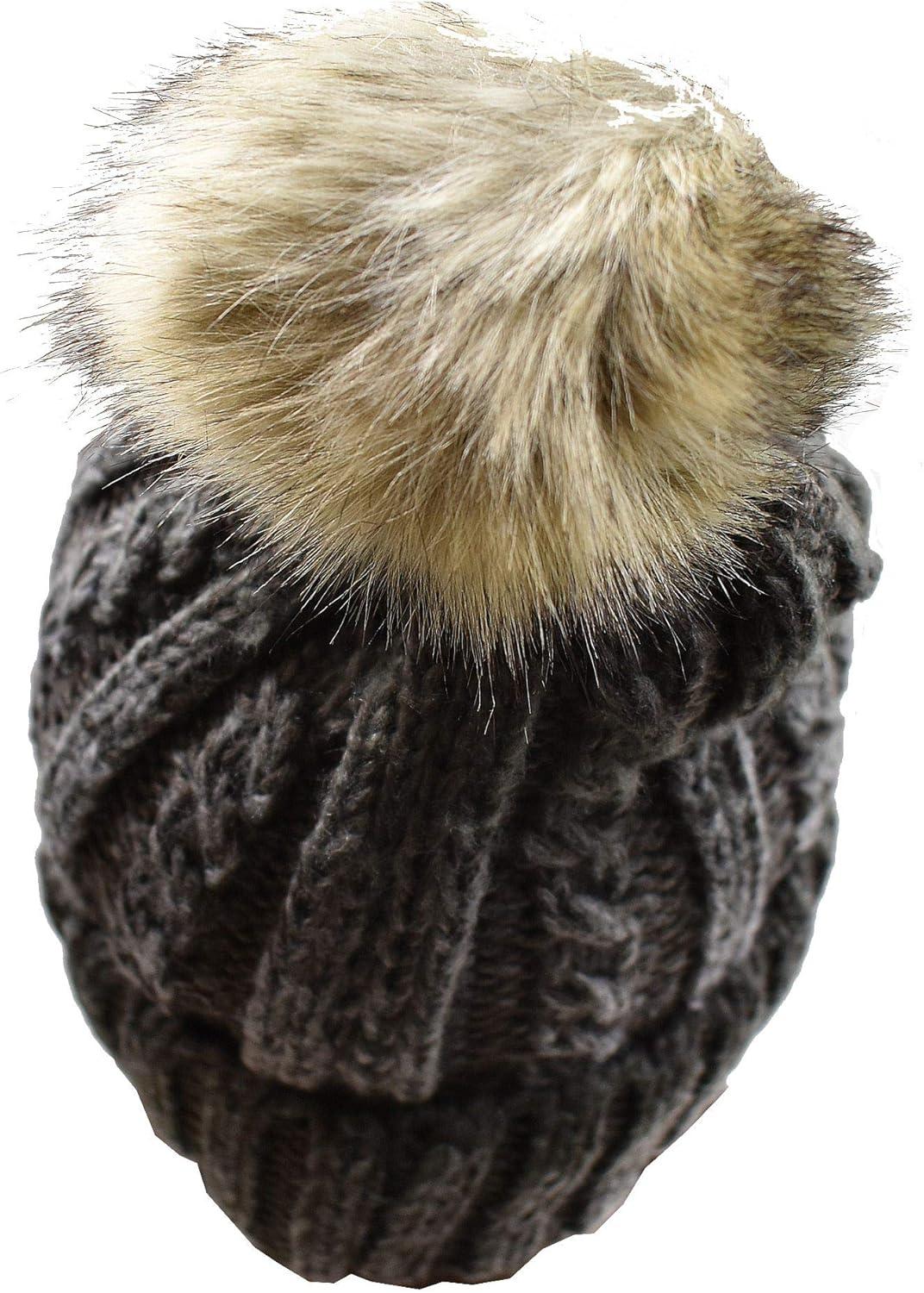 imageCC Thick Cable Knit Faux Fuzzy Fur Pom Skull Cap Cuff BeanieCenter Patch Brown