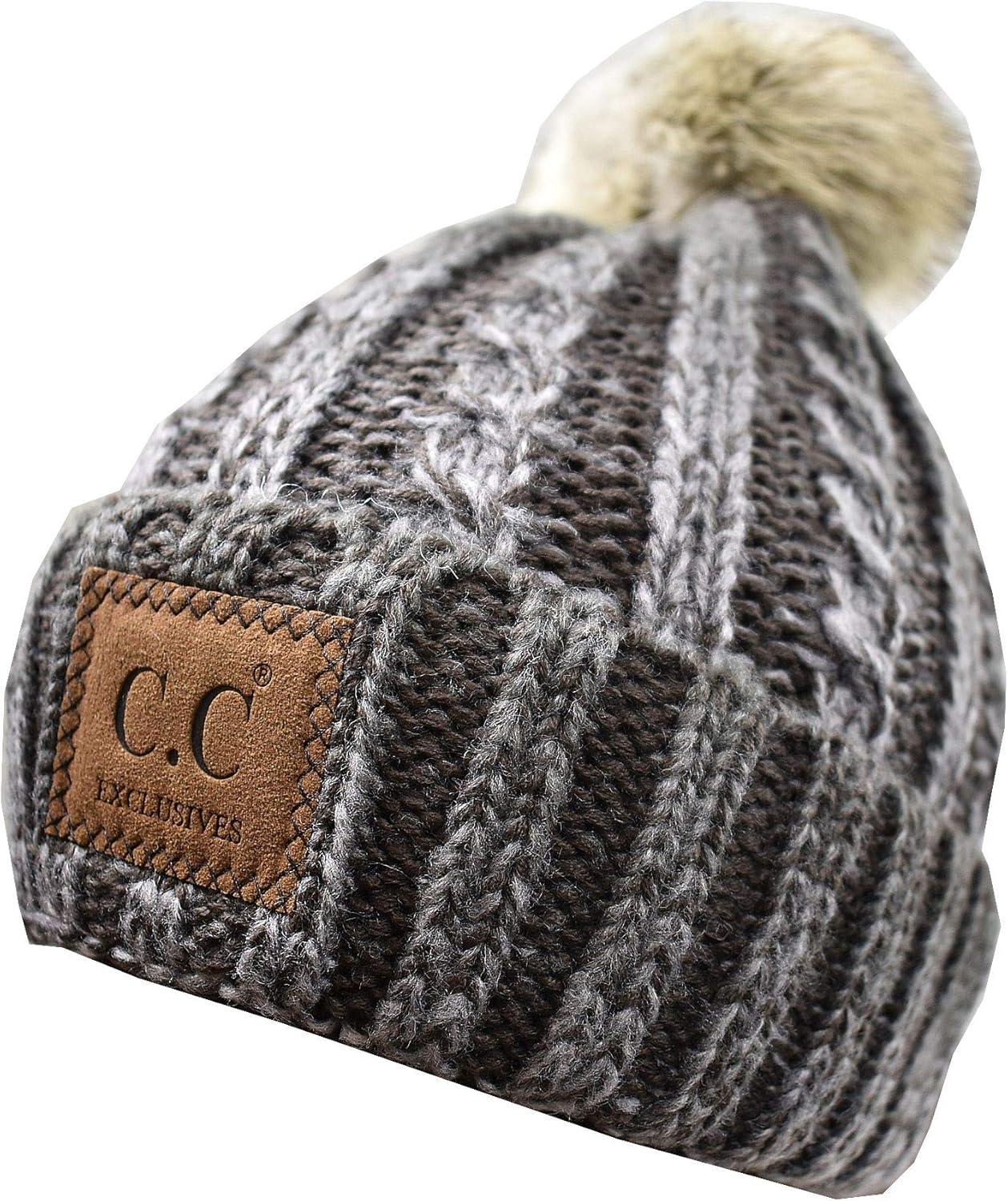 imageCC Thick Cable Knit Faux Fuzzy Fur Pom Skull Cap Cuff BeanieCenter Patch Brown