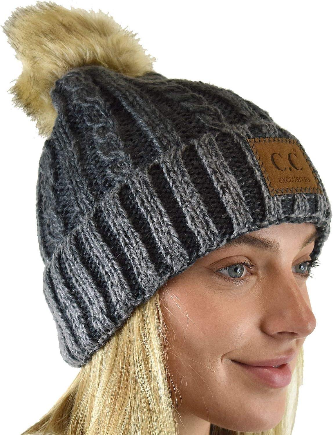 imageCC Thick Cable Knit Faux Fuzzy Fur Pom Skull Cap Cuff BeanieCenter Patch Gray
