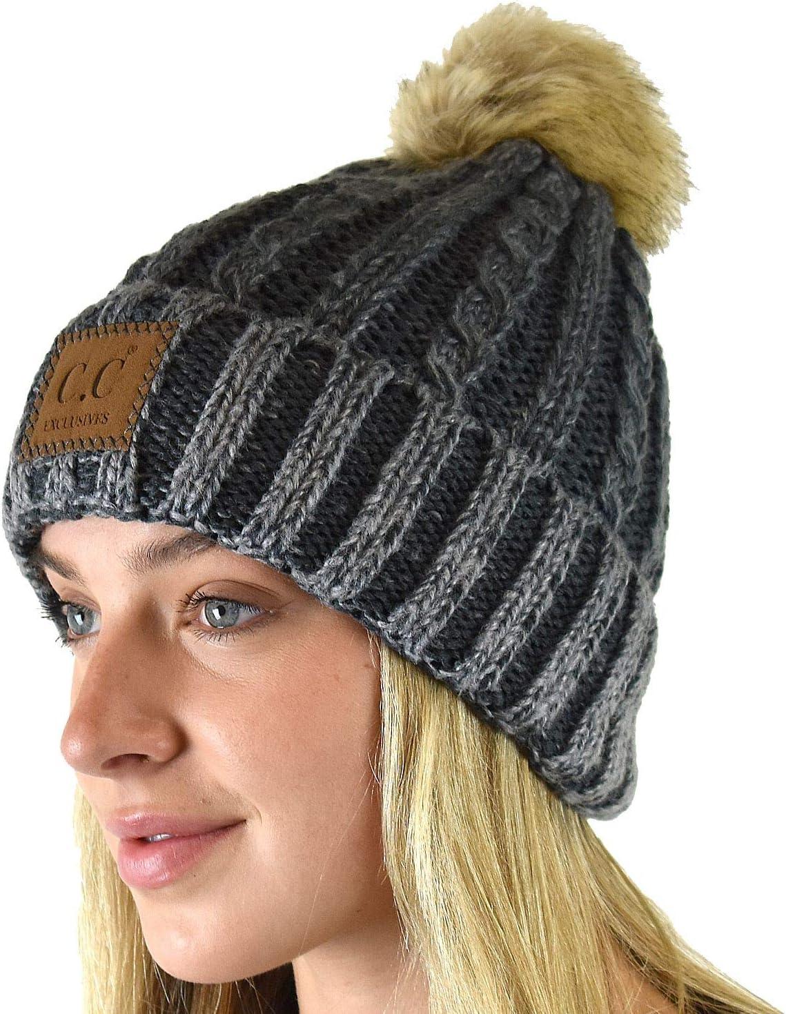 imageCC Thick Cable Knit Faux Fuzzy Fur Pom Skull Cap Cuff BeanieCenter Patch Gray
