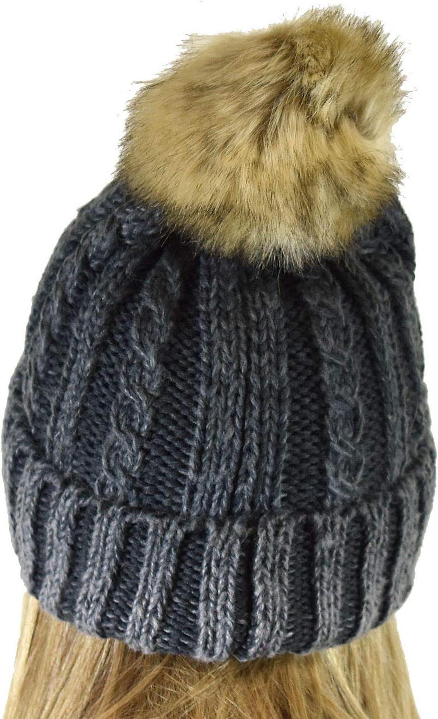 imageCC Thick Cable Knit Faux Fuzzy Fur Pom Skull Cap Cuff BeanieCenter Patch Gray