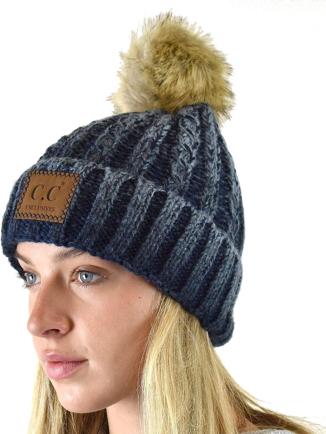 imageCC Thick Cable Knit Faux Fuzzy Fur Pom Skull Cap Cuff BeanieCenter Patch Navy