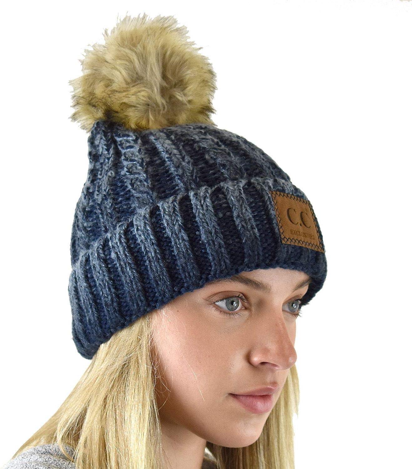 imageCC Thick Cable Knit Faux Fuzzy Fur Pom Skull Cap Cuff BeanieCenter Patch Navy
