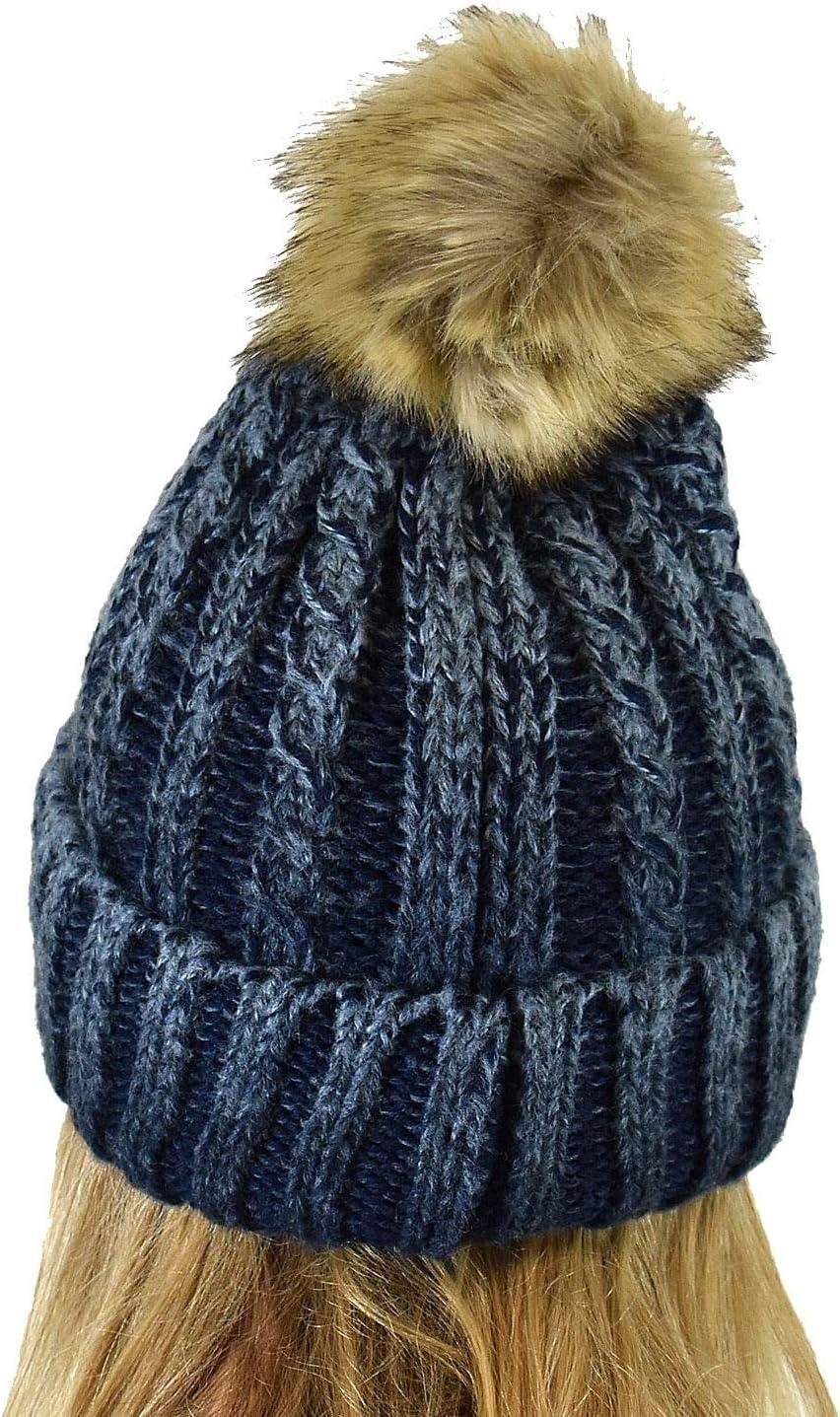 imageCC Thick Cable Knit Faux Fuzzy Fur Pom Skull Cap Cuff BeanieCenter Patch Navy