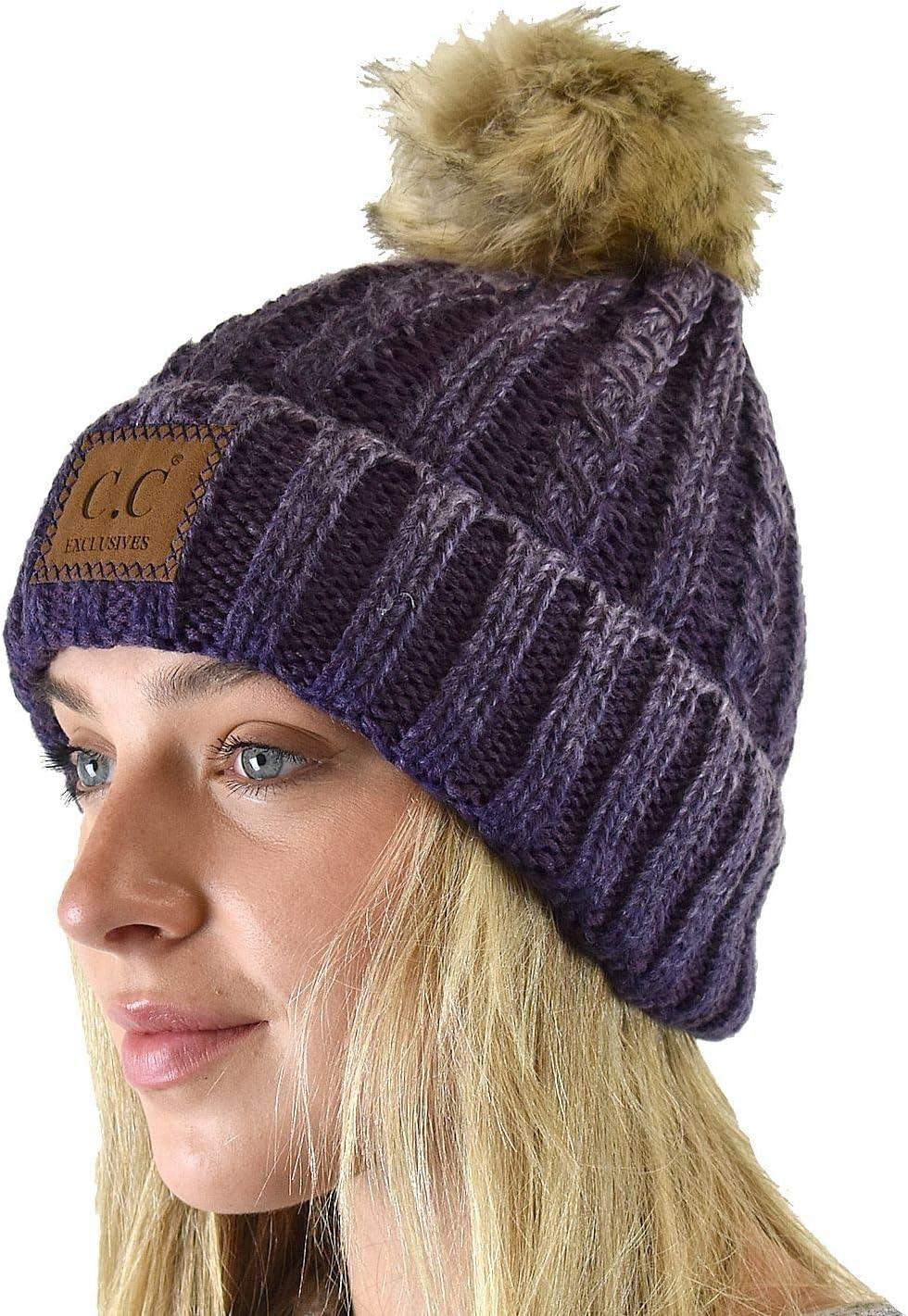 imageCC Thick Cable Knit Faux Fuzzy Fur Pom Skull Cap Cuff BeanieCenter Patch Purple