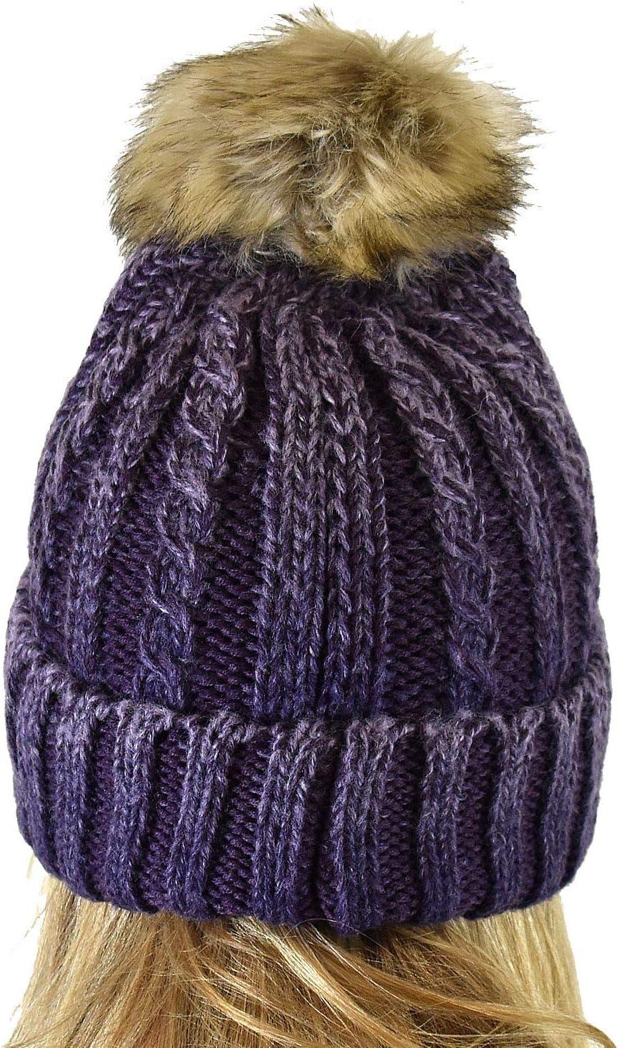 imageCC Thick Cable Knit Faux Fuzzy Fur Pom Skull Cap Cuff BeanieCenter Patch Purple