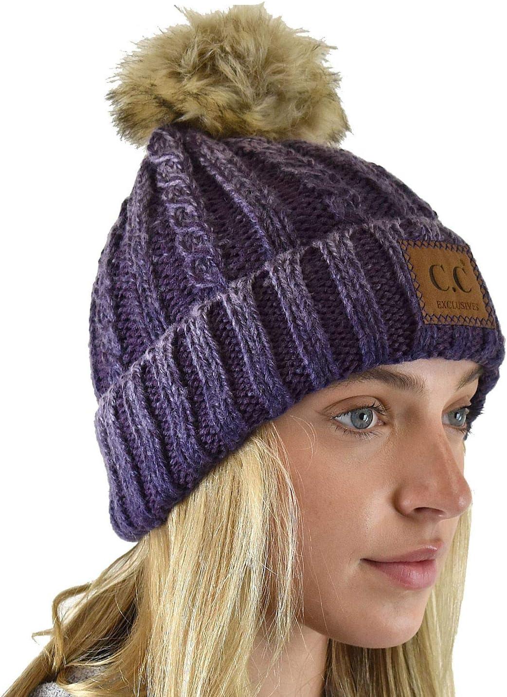 imageCC Thick Cable Knit Faux Fuzzy Fur Pom Skull Cap Cuff BeanieCenter Patch Purple